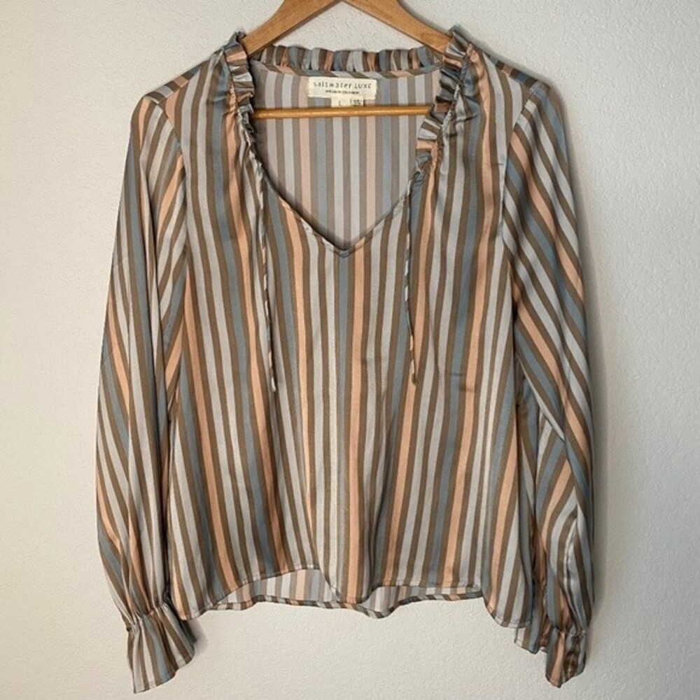 Saltwater Luxe Pastel Pink & Blue Striped Blouse - Size Large - EUC
